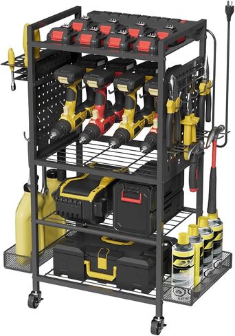Power Tool Organizer Cart with Charging Station, Heavy Duty Garage Tool Organizer Rolling Tool Battery Storage with 8-Outlet Power Strip, 4 Wheels, 2 Hanging Baskets, Hooks, Drill Bit Holder, Black in Kuwait