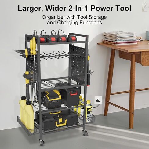 Power Tool Organizer Cart with Charging Station, Heavy Duty Garage Tool Organizer Rolling Tool Battery Storage with 8-Outlet Power Strip, 4 Wheels, 2 Hanging Baskets, Hooks, Drill Bit Holder, Black in Kuwait