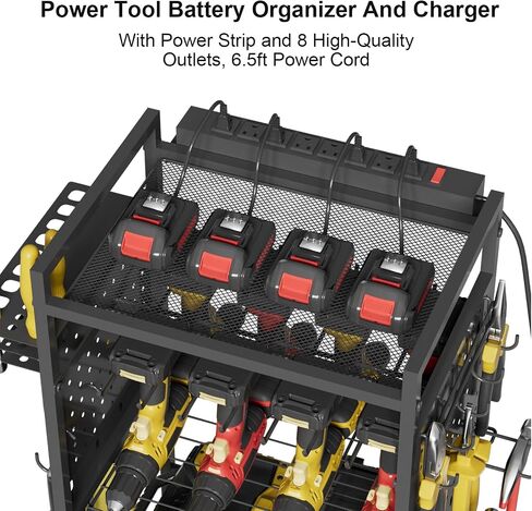 Power Tool Organizer Cart with Charging Station, Heavy Duty Garage Tool Organizer Rolling Tool Battery Storage with 8-Outlet Power Strip, 4 Wheels, 2 Hanging Baskets, Hooks, Drill Bit Holder, Black in Kuwait