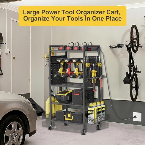 Power Tool Organizer Cart with Charging Station, Heavy Duty Garage Tool Organizer Rolling Tool Battery Storage with 8-Outlet Power Strip, 4 Wheels, 2 Hanging Baskets, Hooks, Drill Bit Holder, Black in Kuwait