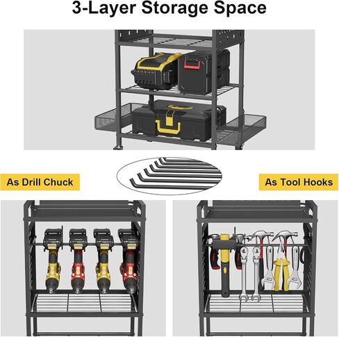 Power Tool Organizer Cart with Charging Station, Heavy Duty Garage Tool Organizer Rolling Tool Battery Storage with 8-Outlet Power Strip, 4 Wheels, 2 Hanging Baskets, Hooks, Drill Bit Holder, Black in Kuwait