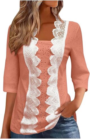 Eyelet Tops for Women 3/4 Sleeve Summer Tops Front Lace Trim Blouse Trendy Solid Color Top Cute Casual Outfits Clothes in Kuwait