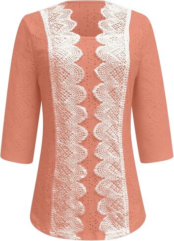 Eyelet Tops for Women 3/4 Sleeve Summer Tops Front Lace Trim Blouse Trendy Solid Color Top Cute Casual Outfits Clothes in Kuwait