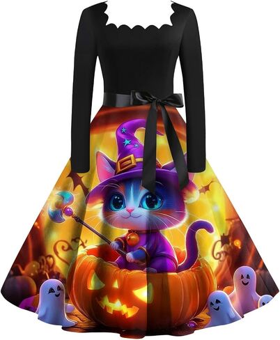 Women Halloween Dress 2025 Cute Retro Party Dresses Long Sleeve Square Neck Dress Flowy Casual Halloween Costumes in Kuwait