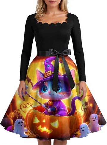 Women Halloween Dress 2025 Cute Retro Party Dresses Long Sleeve Square Neck Dress Flowy Casual Halloween Costumes in Kuwait