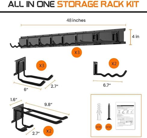 "48 Garage Tool Organizer Wall Mount - Heavy Duty 520lbs Metal Storage Rack, Easy Install Adjustable Hooks for Garden Tools Brooms in Kuwait