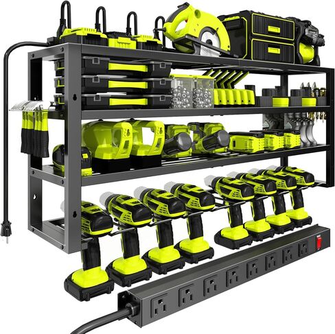 Large Power Tool Organizer Wall Mount with Charging Station, 8 Outlet Power Strip, 4 Layers 8 Drill Holder Heavy Duty Metal Tool Storage Loads 420lbs with Screwdriver Holder, Utility Racks for Garage in Saudi Arabia