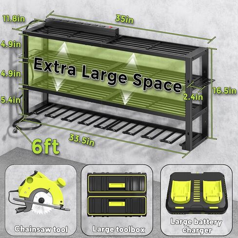 Large Power Tool Organizer Wall Mount with Charging Station, 8 Outlet Power Strip, 4 Layers 8 Drill Holder Heavy Duty Metal Tool Storage Loads 420lbs with Screwdriver Holder, Utility Racks for Garage in Saudi Arabia