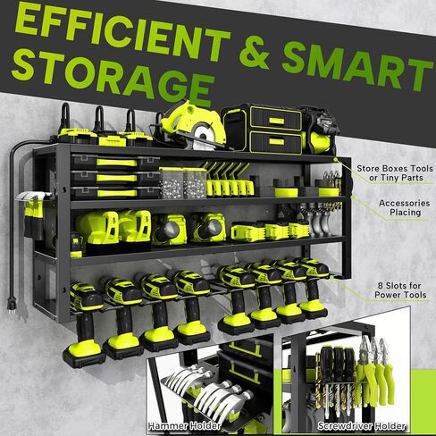 Large Power Tool Organizer Wall Mount with Charging Station, 8 Outlet Power Strip, 4 Layers 8 Drill Holder Heavy Duty Metal Tool Storage Loads 420lbs with Screwdriver Holder, Utility Racks for Garage in Saudi Arabia