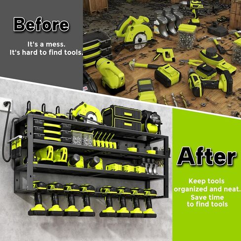Large Power Tool Organizer Wall Mount with Charging Station, 8 Outlet Power Strip, 4 Layers 8 Drill Holder Heavy Duty Metal Tool Storage Loads 420lbs with Screwdriver Holder, Utility Racks for Garage in Saudi Arabia