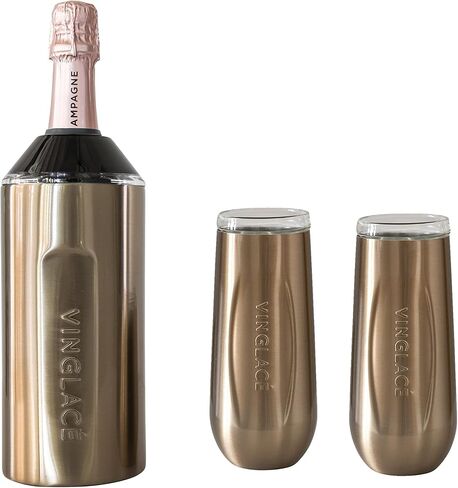 Vinglacé Champagne Bottle Chiller Gift Set- Portable Stainless Steel Sparkling Wine Cooler with 2 Stemless Champagne Flutes, White in Kuwait