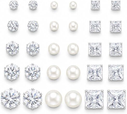 KISS WIFE 48 Pairs Silver Stud Earrings Set, Round Square Heart Pearl Clear Cubic Zirconia Stud Earrings in Saudi Arabia