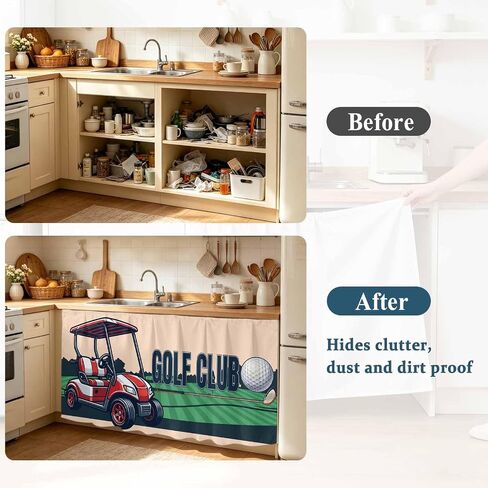 Golf Club Cabinet Curtains for Kitchen Vintage Golf Ball Cart Grass Beige Background Sink Skirt for Bathroom, Pedestal Sink Skirt, Under Sink Curtain, 28" W x 51" L in Kuwait