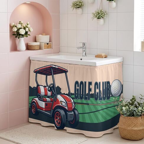 Golf Club Cabinet Curtains for Kitchen Vintage Golf Ball Cart Grass Beige Background Sink Skirt for Bathroom, Pedestal Sink Skirt, Under Sink Curtain, 28" W x 51" L in Kuwait