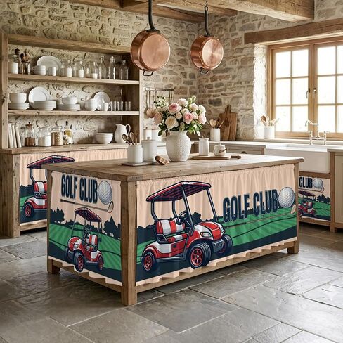 Golf Club Cabinet Curtains for Kitchen Vintage Golf Ball Cart Grass Beige Background Sink Skirt for Bathroom, Pedestal Sink Skirt, Under Sink Curtain, 28" W x 51" L in Kuwait