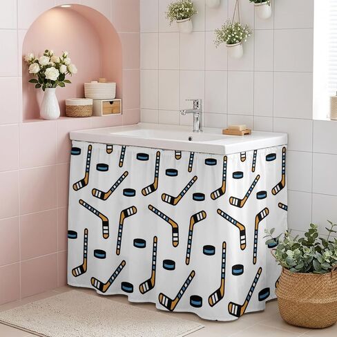 Ice Hockey Cabinet Curtains for Kitchen Sports Themes Black Hockey Athletics Modern Art Sink Skirt for Bathroom, Under Sink Curtain for Compact Vanity, 28" W x 35" L in Kuwait