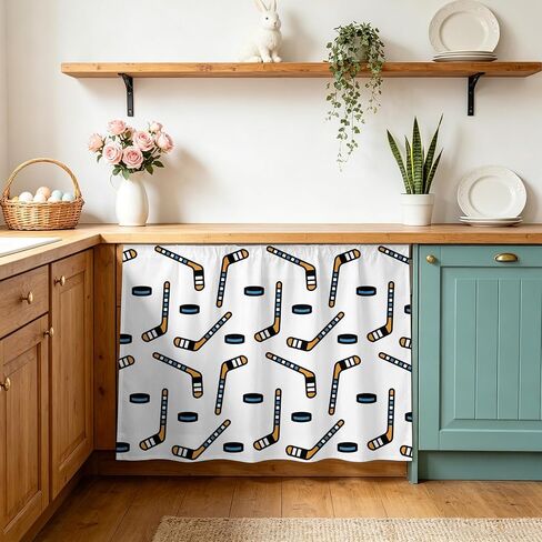 Ice Hockey Cabinet Curtains for Kitchen Sports Themes Black Hockey Athletics Modern Art Sink Skirt for Bathroom, Under Sink Curtain for Compact Vanity, 28" W x 35" L in Kuwait