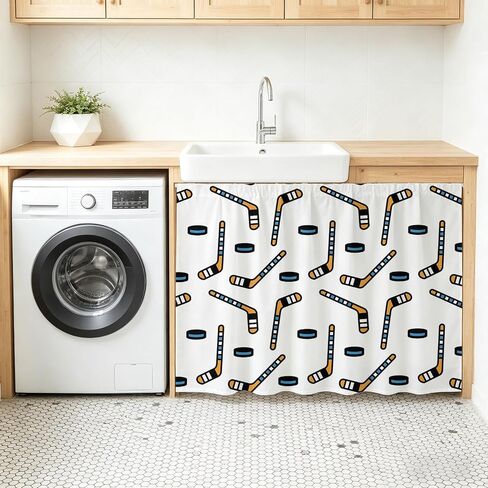 Ice Hockey Cabinet Curtains for Kitchen Sports Themes Black Hockey Athletics Modern Art Sink Skirt for Bathroom, Under Sink Curtain for Compact Vanity, 28" W x 35" L in Kuwait