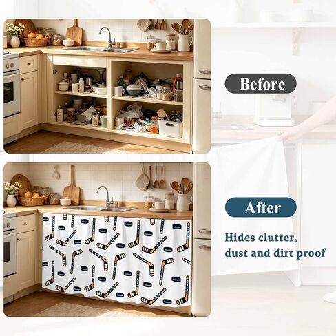 Ice Hockey Cabinet Curtains for Kitchen Sports Themes Black Hockey Athletics Modern Art Sink Skirt for Bathroom, Under Sink Curtain for Compact Vanity, 28" W x 35" L in Kuwait