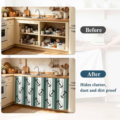 Classic Sports Athletic Football Cabinet Curtain Privacy Closet Curtain,Geometric Green Stripes Self-Adhesive Sink Skirt Under Desk Short Curtains Cabinet Drape for Home Kitchen Bathroom,32"W x 55"L in Kuwait