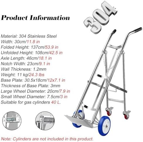 304 Stainless Steel Mobile Gas Cylinder Storage Rack, Foldable Cylinder Cart with Wheels & Handle for Factory, Hospital, Home - Durable & Portable Gas Cylinder Holder in Kuwait