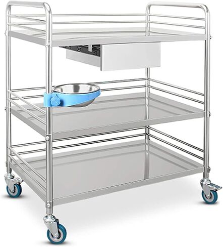 Stainless Steel 3-Tier Utility Cart with Drawers - Multi-Functional Storage Trolley for Kitchen, Hotel, Restaurant, and Care Home Use in Kuwait