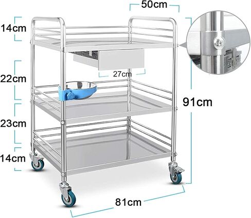 Stainless Steel 3-Tier Utility Cart with Drawers - Multi-Functional Storage Trolley for Kitchen, Hotel, Restaurant, and Care Home Use in Kuwait