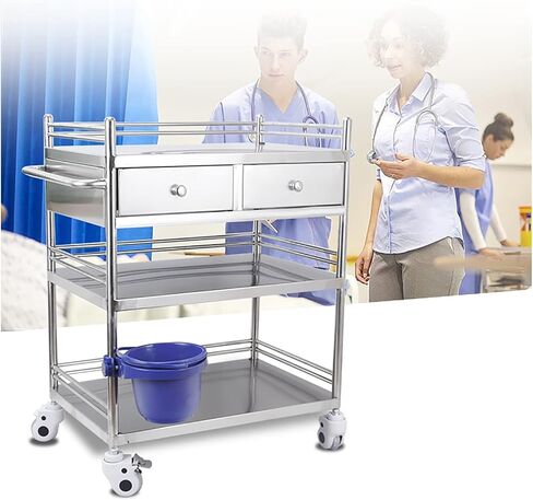 Movable Hand Trucks Lab Serving Cart,Lab Cart,Mobile Trolley,Stainless Steel Rolling Cart Two-Story Lab Cart with Two Drawers,with Universal Wheel,for Lab Equipment,Max L, in Kuwait