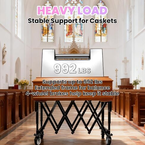 Portable Foldable Funeral Stretcher Trolley, Heavy Duty Carbon Steel Coffin Trailer, Church Coffin Rack Cart with 4 Handles for Funeral Home and Chapel Use, Black in Kuwait