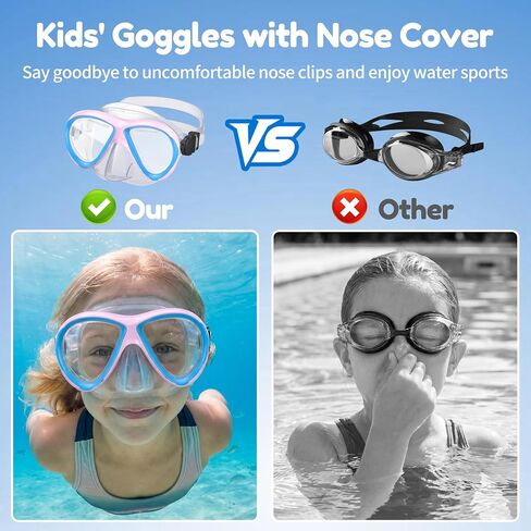Swim Goggles with Nose Cover for Kids Youth 5-15 | Anti-Fog Anti-UV, No Leaking, Tempered Glass Lens, 180° Wide View, Includes Mesh Bag in Kuwait