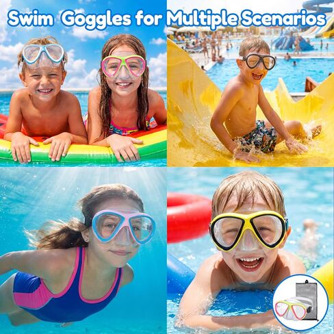 Swim Goggles with Nose Cover for Kids Youth 5-15 | Anti-Fog Anti-UV, No Leaking, Tempered Glass Lens, 180° Wide View, Includes Mesh Bag in Kuwait