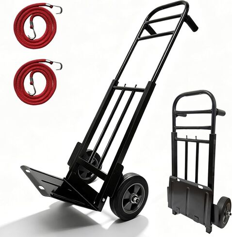 Heavy Duty Folding Hand Truck Dolly with Bungee Cords, 800 LB Dolly Cart | 8" Solid Rubber Wheels, 2*Bungee Cords, Compact Foldable Alloy Steel Design for Warehouses, Homes, Offices, andSmall Business in Kuwait