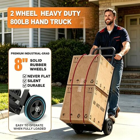 Heavy Duty Folding Hand Truck Dolly with Bungee Cords, 800 LB Dolly Cart | 8" Solid Rubber Wheels, 2*Bungee Cords, Compact Foldable Alloy Steel Design for Warehouses, Homes, Offices, andSmall Business in Kuwait
