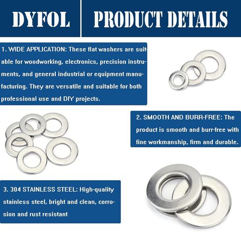1/2" غسالات مسطحة 1-1/16" OD، 1/2" ID، الفولاذ المقاوم للصدأ 304(18-8)، 30 حزمة، SAE غسالات معدنية للبراغي من DYFOL in Kuwait