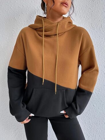 Womens Long Sleeve Color Block Casual Drawstring Pullover Hoodies Fleece Turtleneck Sweatshirt in Kuwait