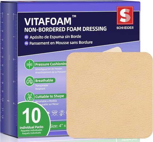 VitaFoam 10 عبوات من ضمادات إسفنجية السيليكون مقاس 10.16 سم × 10.16 سم بدون حدود، ضمادة جروح عالية الامتصاص، ضمادات سيليكون ناعمة قابلة للتنفس للعناية بالجروح in Kuwait