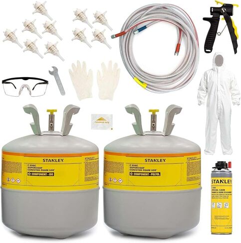 STANLEY F 994C Supercoat Canister Spray Foam Insulation Kit (600 Board Feet) - Class A Fire Rated Closed Cell Two Component Foam Sealant - 15 ft Hose, Gun, & Safety Gear Included in Kuwait