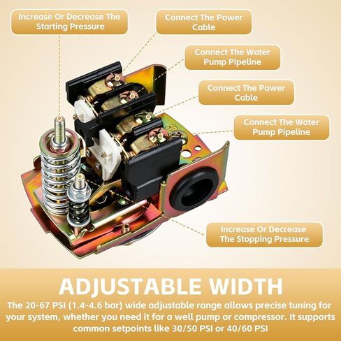 40-60 PSI Well Pump Pressure Switch, 1/4" NPT Adjustable Differential | Fits Air Compressors & Well Pumps, Direct Replacement for 9013FSG2J24, Prevents Short Cycling, 240V Compatible Easy Install in Kuwait