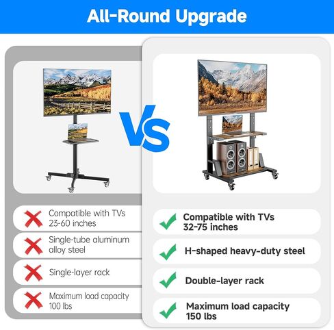 AENTGIU Rolling TV Stand for 32-75 Inch TVs, Mobile TV Stand on Wheels, Adjustable Height TV Cart with Wood Shelves, Floor Mount for Living Room, Bedroom, Office, Hold up to 150 lbs in Kuwait