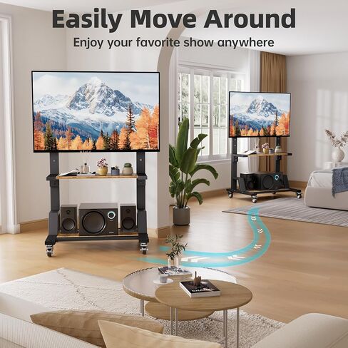 AENTGIU Rolling TV Stand for 32-75 Inch TVs, Mobile TV Stand on Wheels, Adjustable Height TV Cart with Wood Shelves, Floor Mount for Living Room, Bedroom, Office, Hold up to 150 lbs in Kuwait