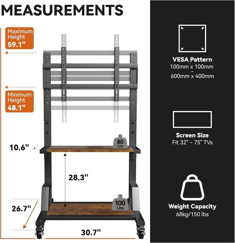 AENTGIU Rolling TV Stand for 32-75 Inch TVs, Mobile TV Stand on Wheels, Adjustable Height TV Cart with Wood Shelves, Floor Mount for Living Room, Bedroom, Office, Hold up to 150 lbs in Kuwait