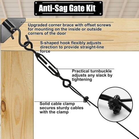 1/2 Sets Anti-Sag Gate Kits for Wooden Fence, Anglecai Gate Support Cable Kit for Wood Gate Door Repair Kit, Anti-Sagging Fence Gate Kit Hardware for Wooden Fence Gate Sag Frame Kit (1, Black) in Kuwait