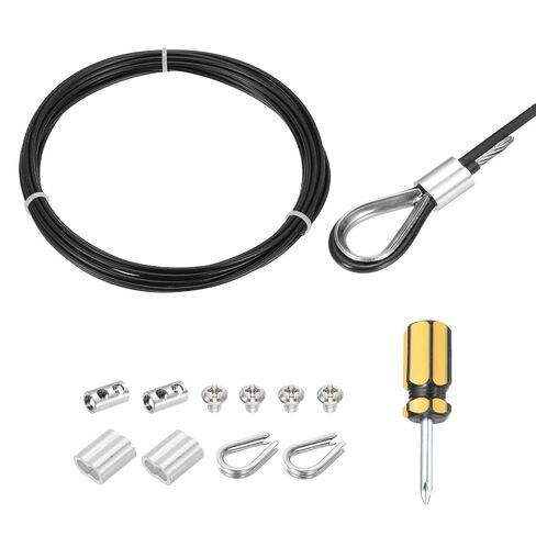 MECCANIXITY 1Set 20ft Wire Rope 304 Stainless Steel Cable, 3/32" 2mm Vinyl Coated with Cable Clamp, Aluminum Sleeves and Thimble for Railing, Decking, Hanging, Clothes Lines, Black 6m in Kuwait