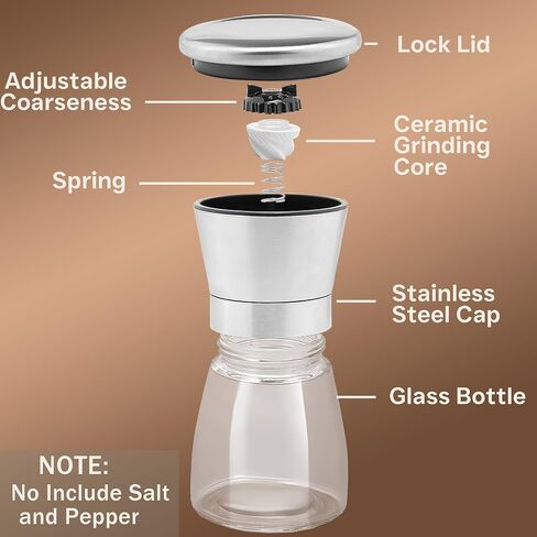 Manual Salt or Pepper Grinder for Professional Chef, Best Spice Mill with Stainless Steel Cap, Ceramic Blades and Adjustable Coarseness, Refillable Glass Body with 6OZ Capacity in Kuwait