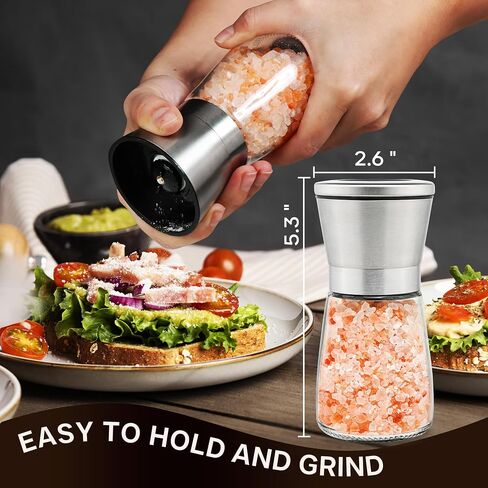 Manual Salt or Pepper Grinder for Professional Chef, Best Spice Mill with Stainless Steel Cap, Ceramic Blades and Adjustable Coarseness, Refillable Glass Body with 6OZ Capacity in Kuwait