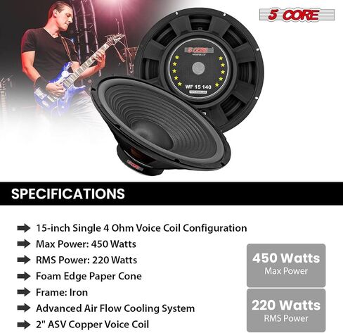 5 CORE 15 Inch Guitar Speaker 220W RMS Power 450W Peak 4 Ohm Guitar Amplifier Cabinet Speaker with Y30 Ferrite Magnet for PA and Amp Systems - WF 15 140 4OHM GTR in Saudi Arabia