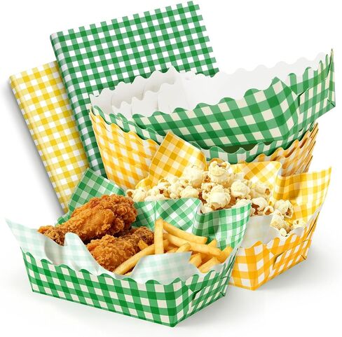 Whaline 150 pcs Gingham Party Supplies Yellow Green Disposable Food Serving Trays with Wax Paper Sheets Checkered Scalloped Paper Snack Boats Golf Themed Food Holders for Let's Par-tee Party Supplies in Kuwait