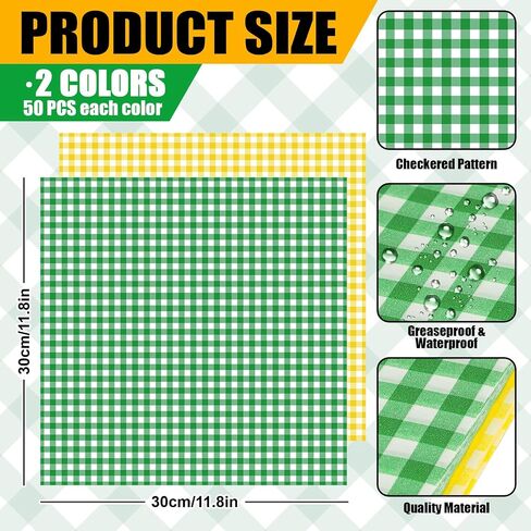 Whaline 150 pcs Gingham Party Supplies Yellow Green Disposable Food Serving Trays with Wax Paper Sheets Checkered Scalloped Paper Snack Boats Golf Themed Food Holders for Let's Par-tee Party Supplies in Kuwait