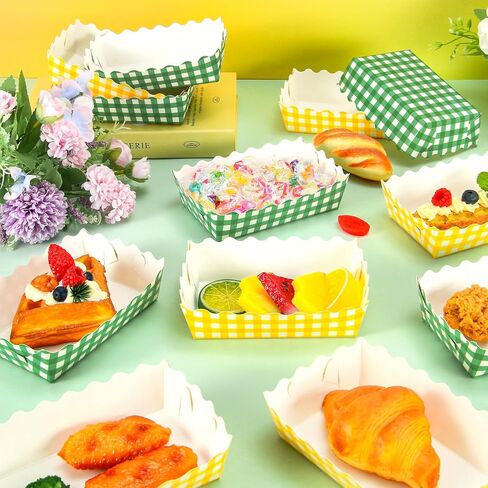 Whaline 150 pcs Gingham Party Supplies Yellow Green Disposable Food Serving Trays with Wax Paper Sheets Checkered Scalloped Paper Snack Boats Golf Themed Food Holders for Let's Par-tee Party Supplies in Kuwait