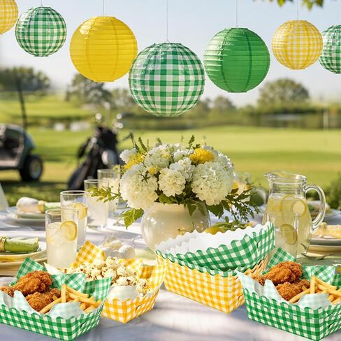 Whaline 150 pcs Gingham Party Supplies Yellow Green Disposable Food Serving Trays with Wax Paper Sheets Checkered Scalloped Paper Snack Boats Golf Themed Food Holders for Let's Par-tee Party Supplies in Kuwait